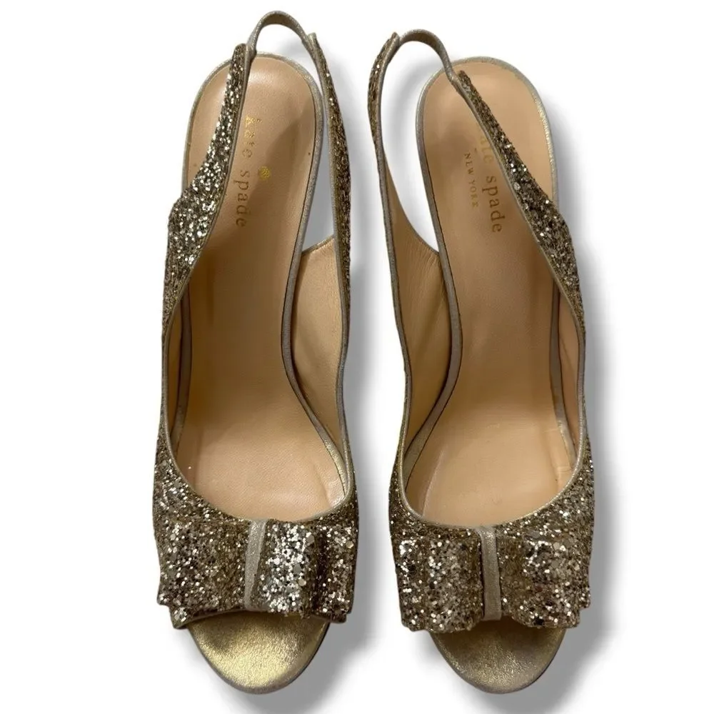 Kate Spade Charm Glitter Slingback Sandals Gold Women’s Size 10 Galm Core